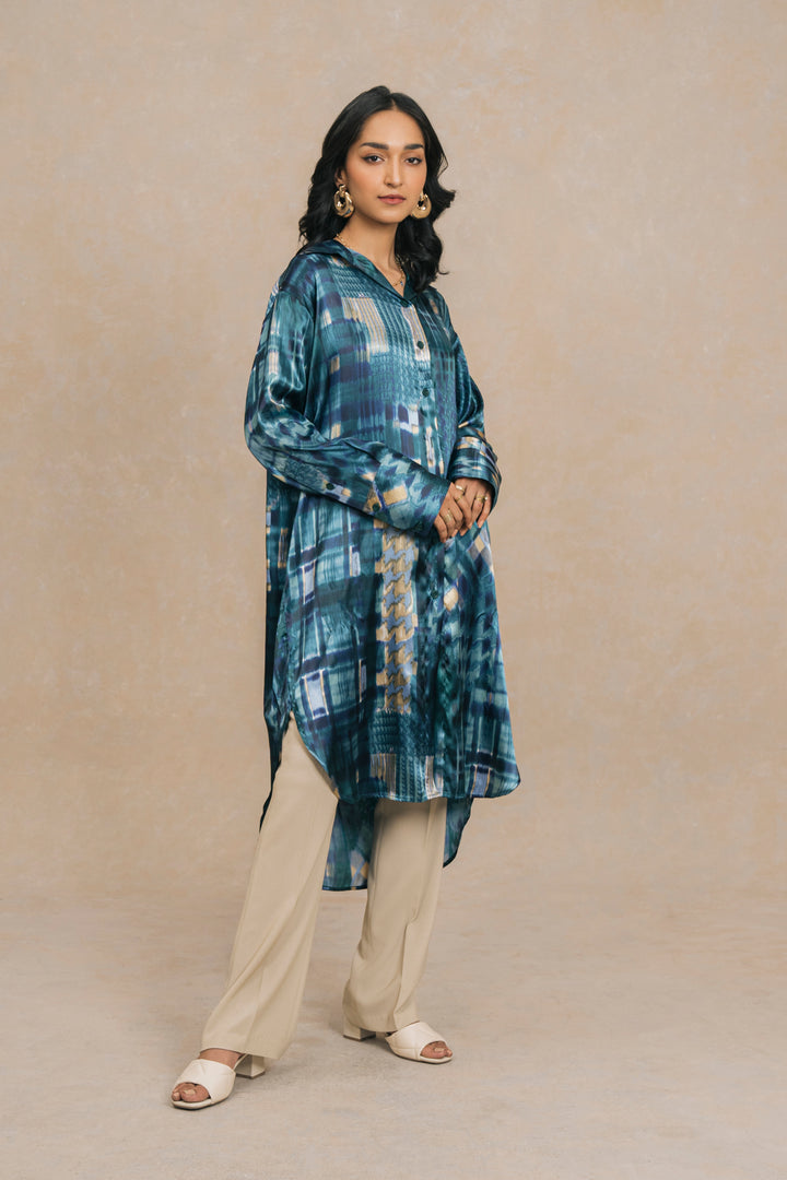 Blue Silk Knee Length Shirt