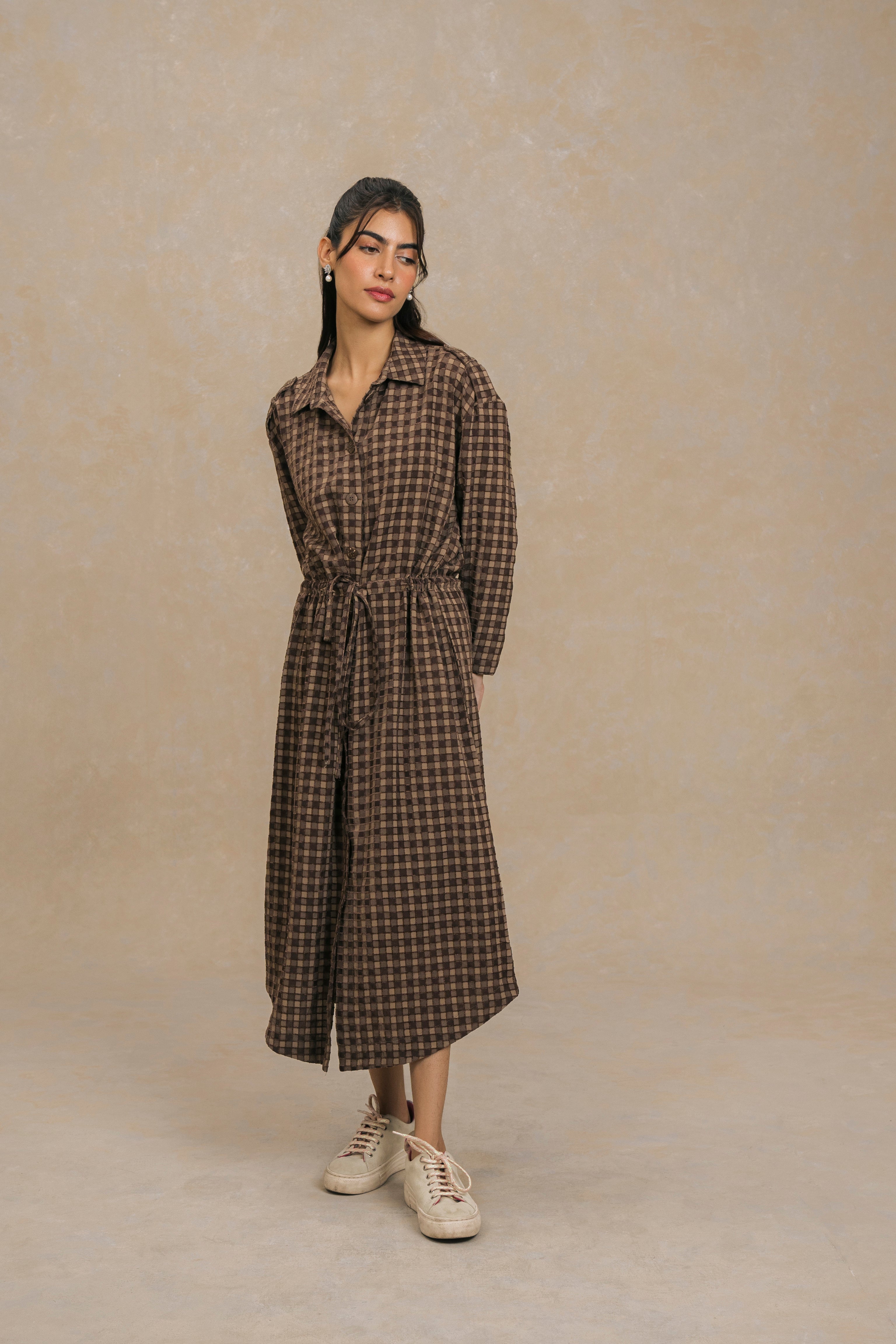 BROWN JACQUARD FABRIC LONG LENGTH SHIRT