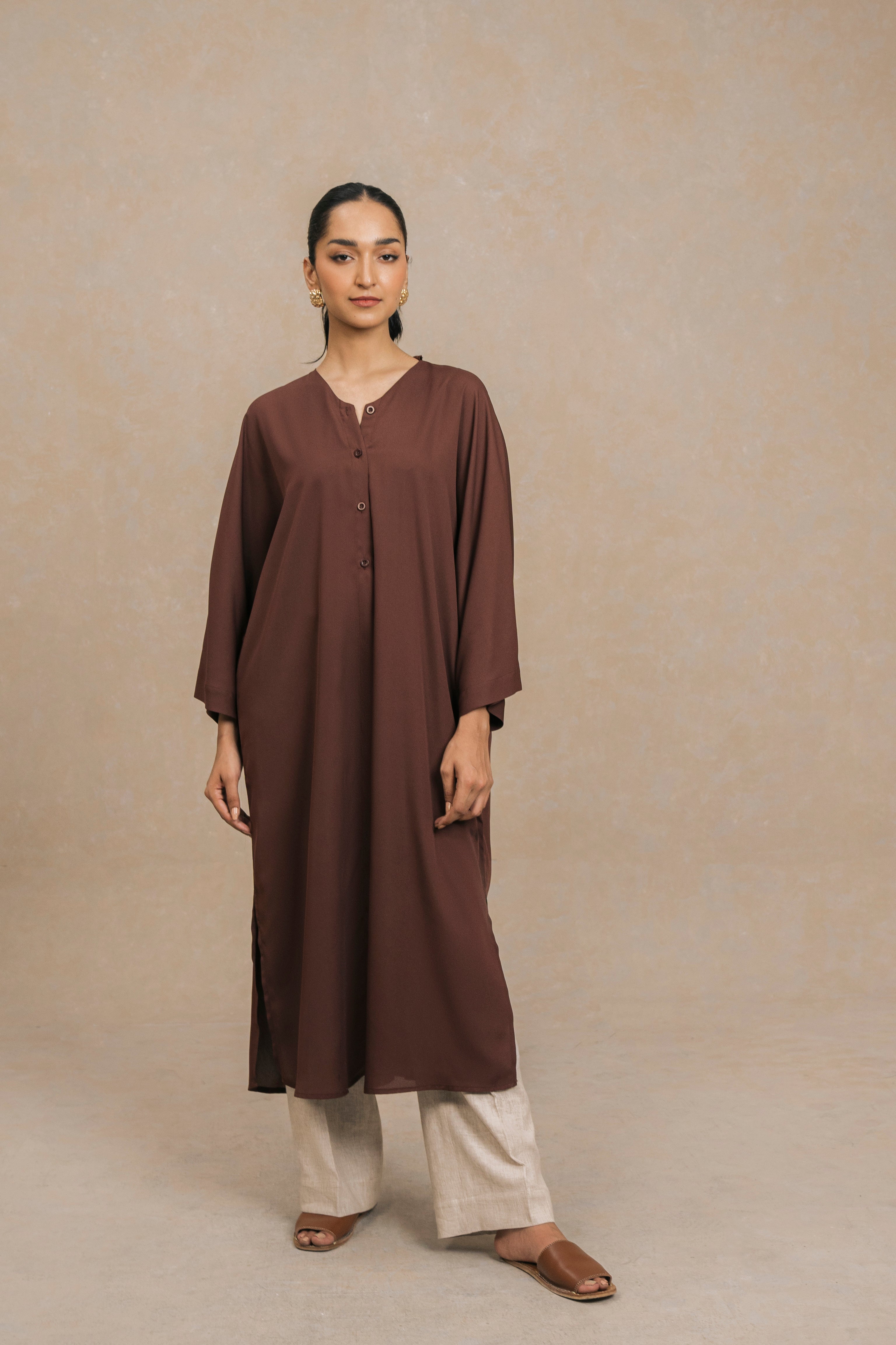 Brown V Neck Flowy Knee Length Shirt