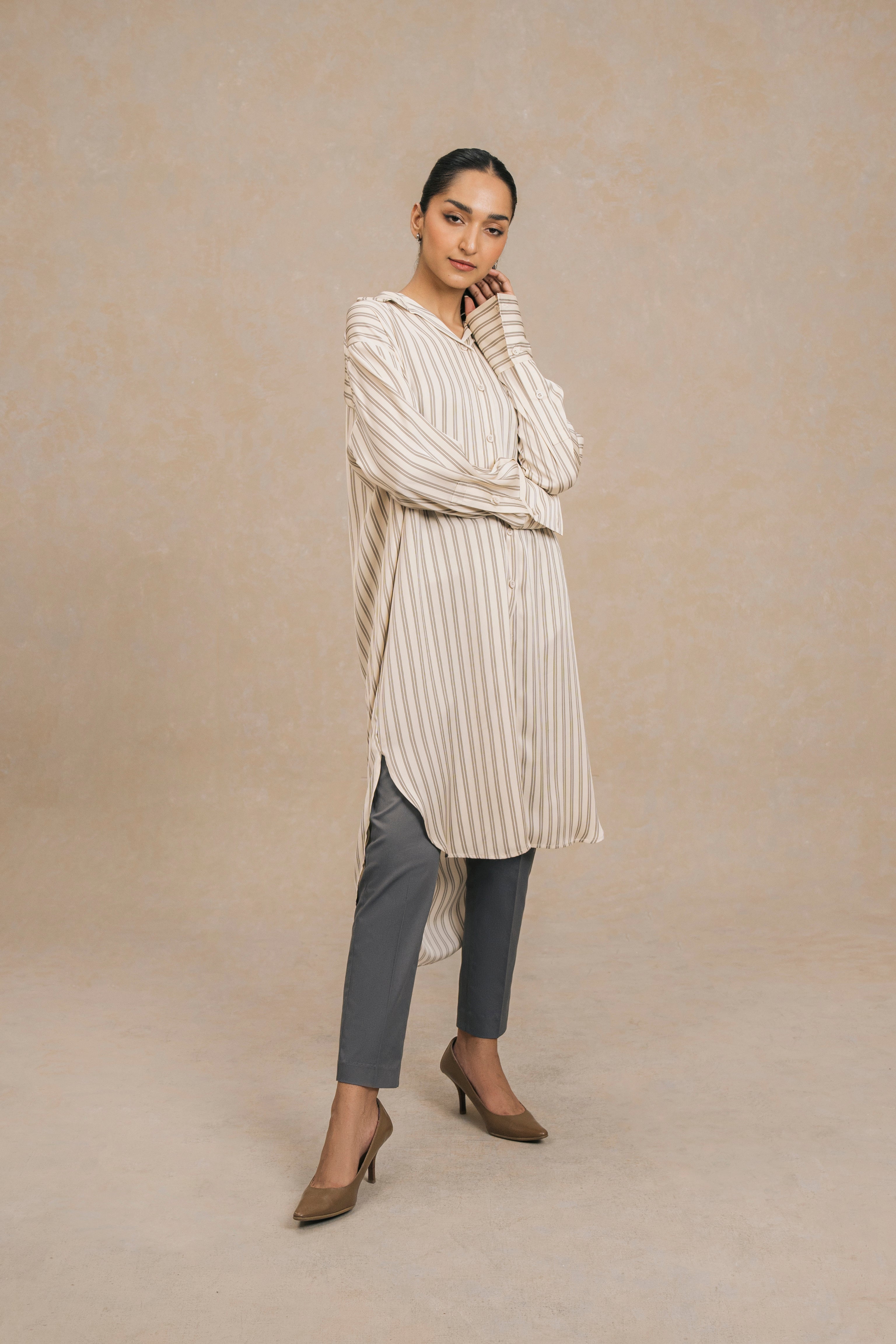 Cream Striped Knee Length Shirt