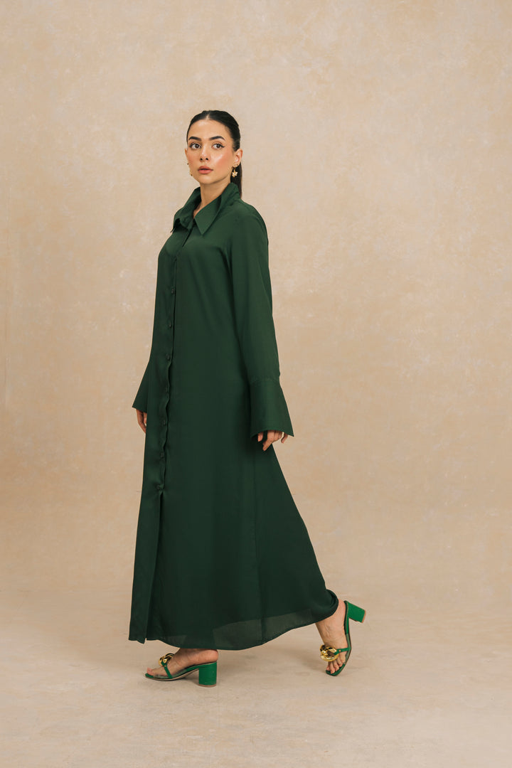 DARK GREEN LONG FLOWY SHIRT DRESS