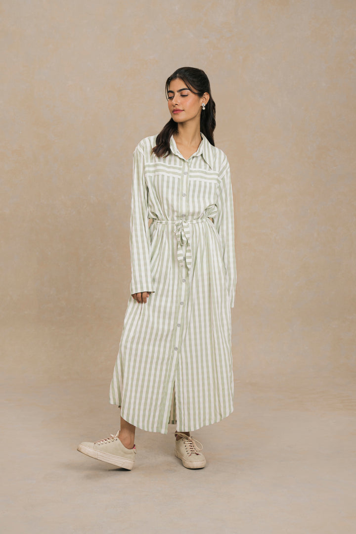 Dusty Green Striped Long Dress