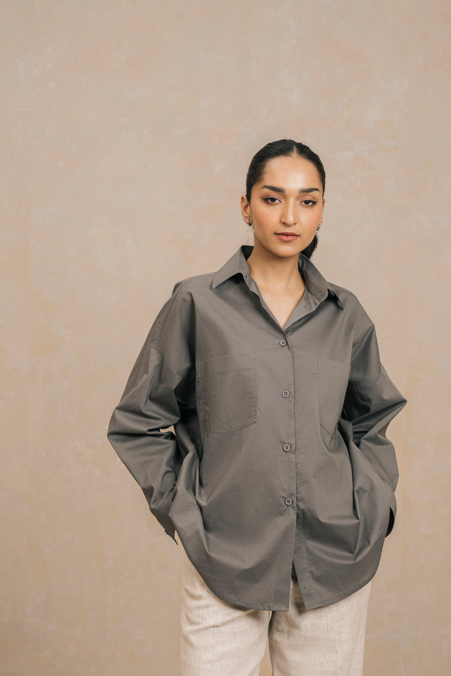 Grey Cotton Shirt with Pockets