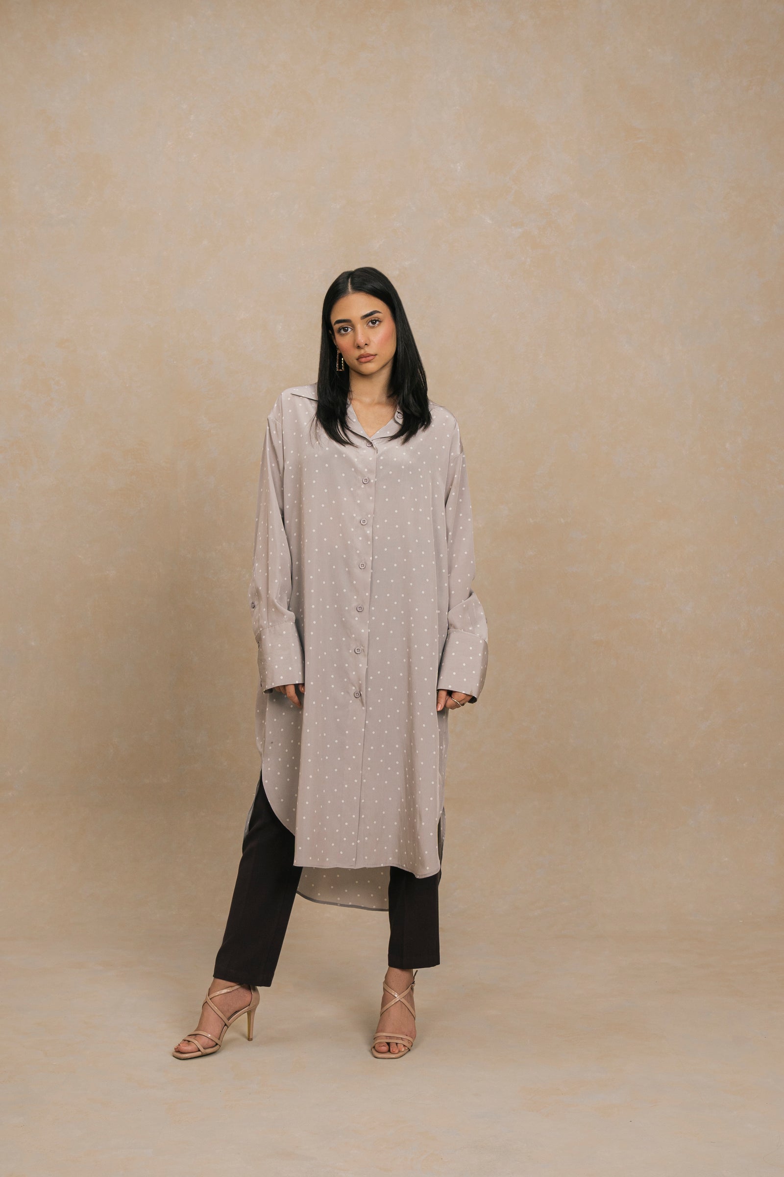 Grey White Polka Dots Knee Length Shirt