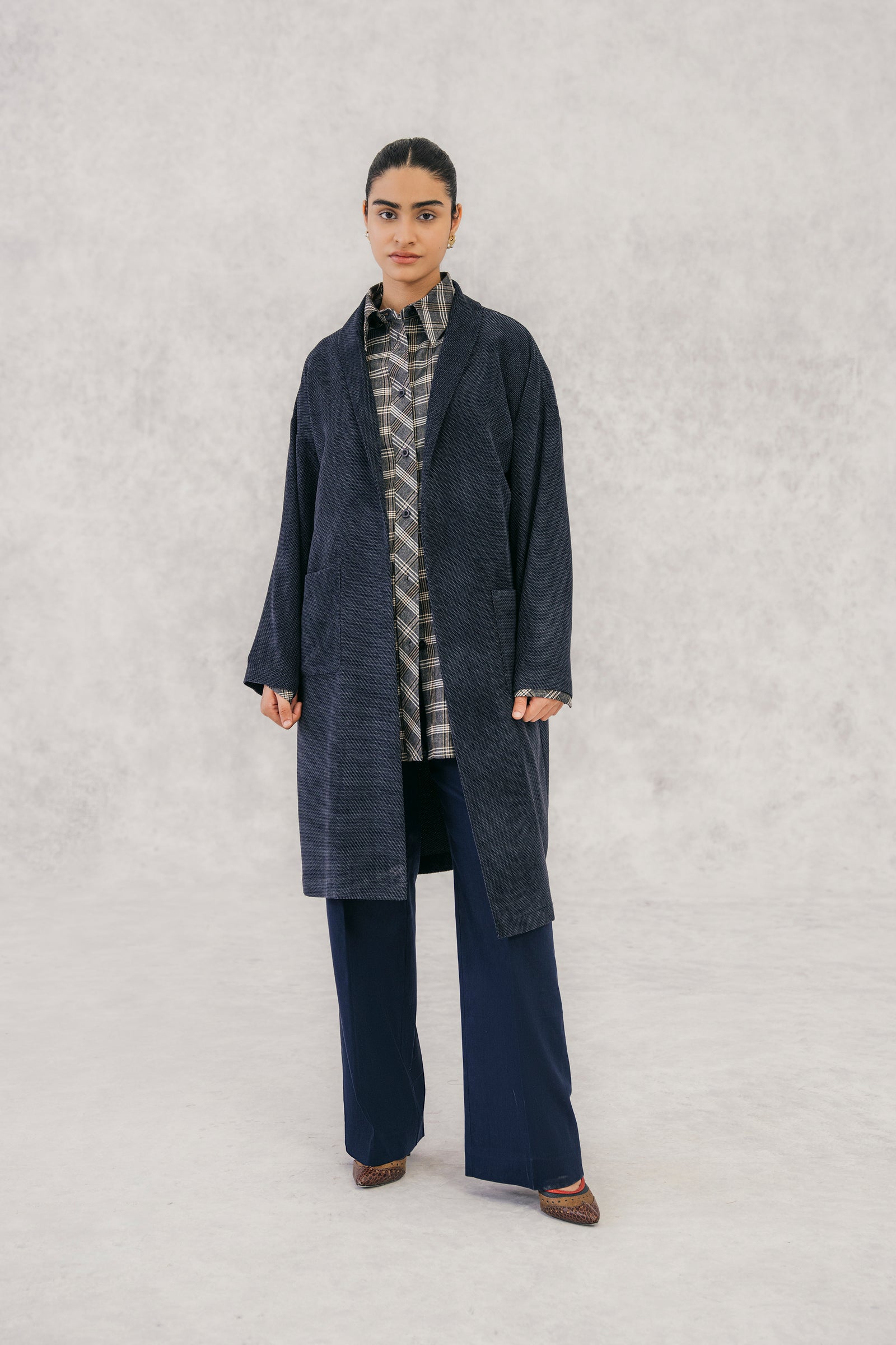 Navy Textured Wool Blended Cardigan