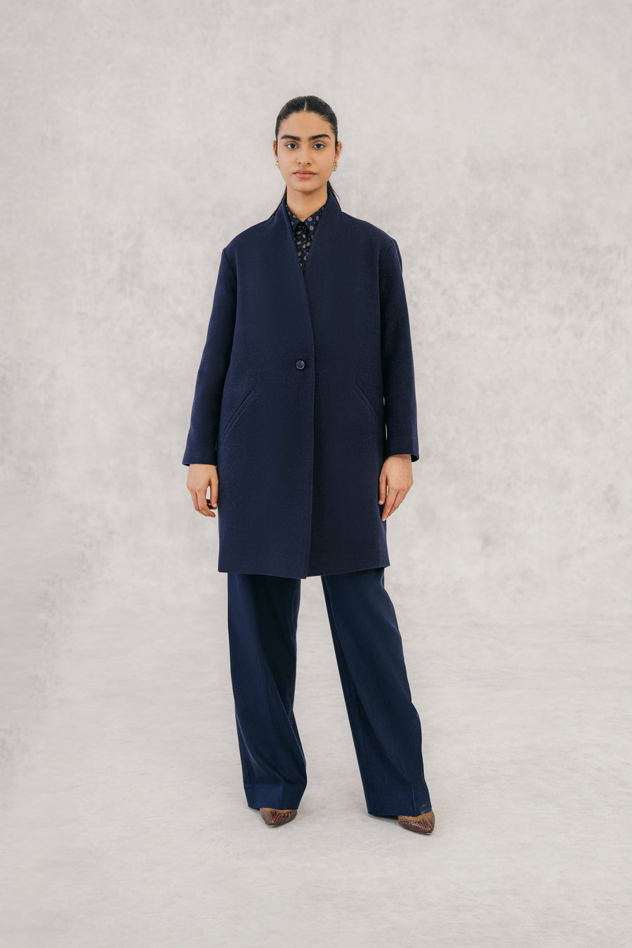 Navy Wool Coat without Lapel