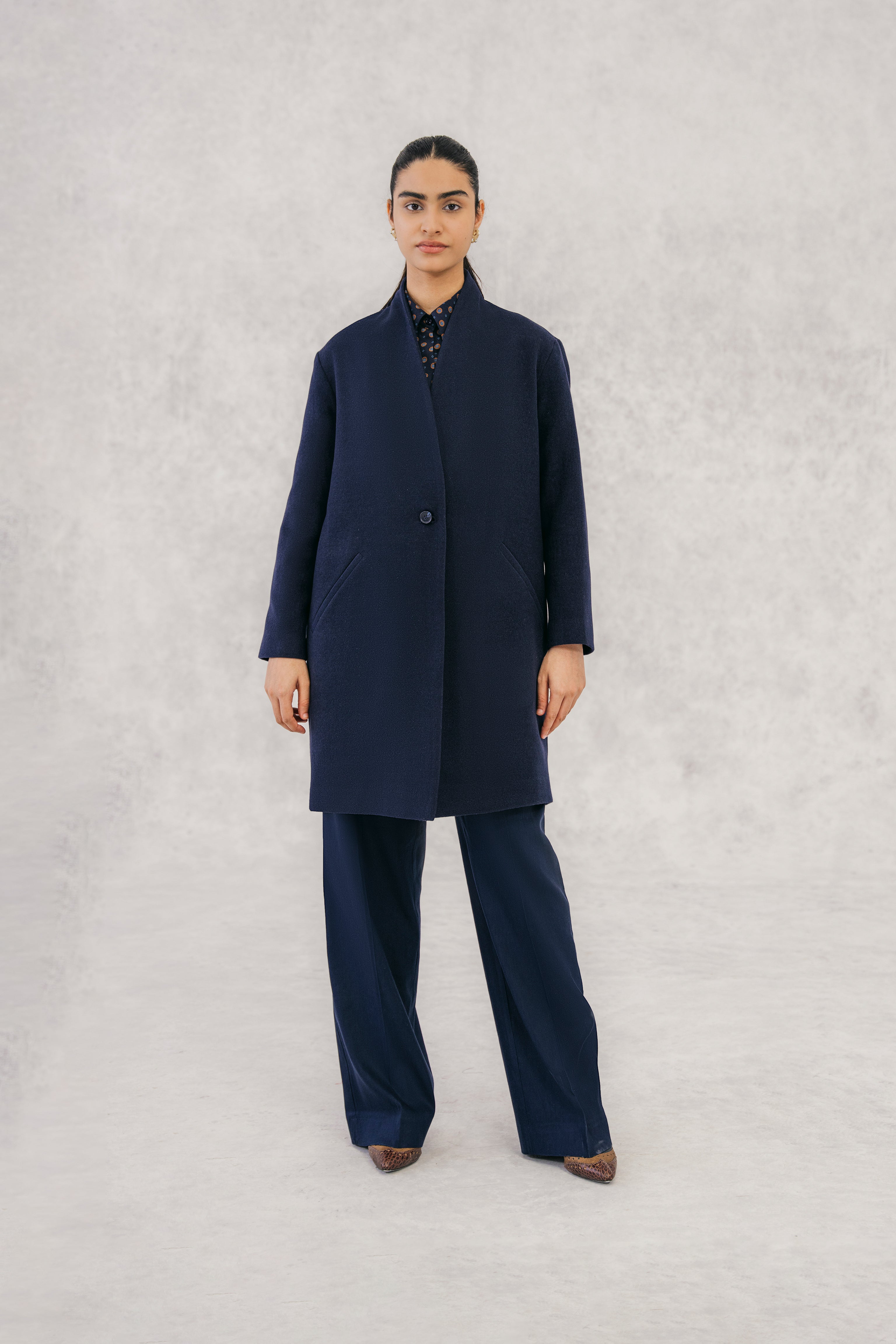 Navy Wool Coat without Lapel