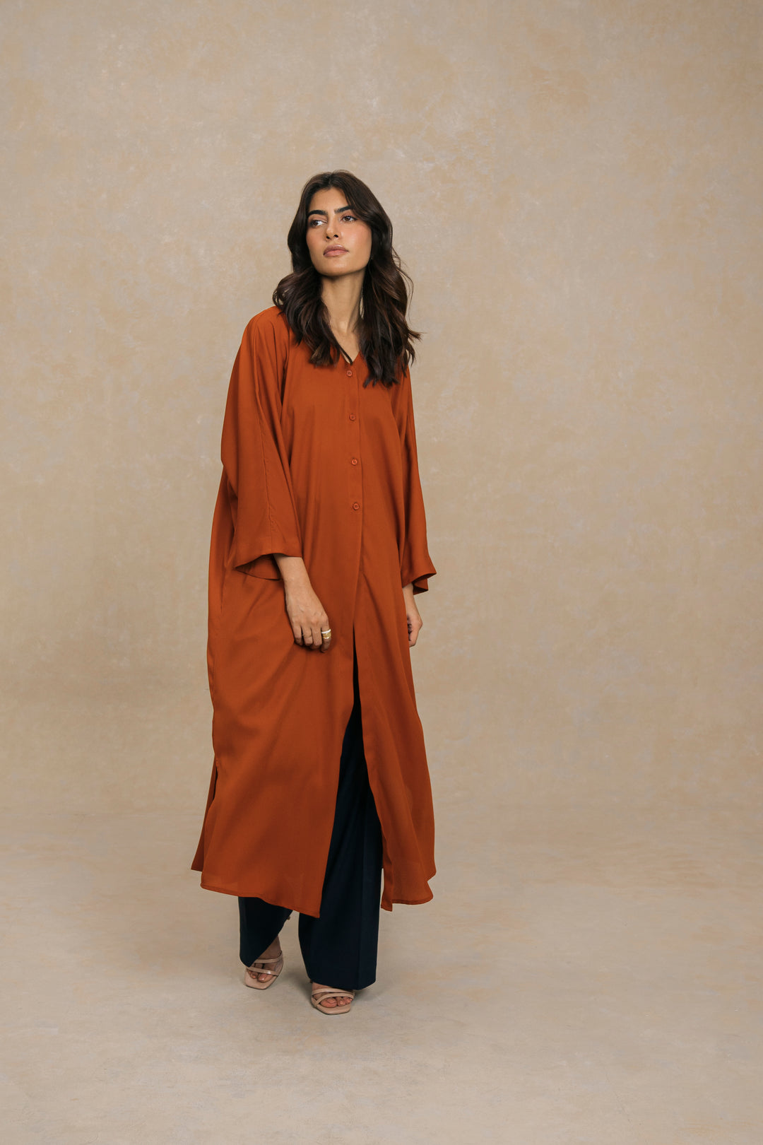 Orange V Neck Flowy Knee Length Shirt