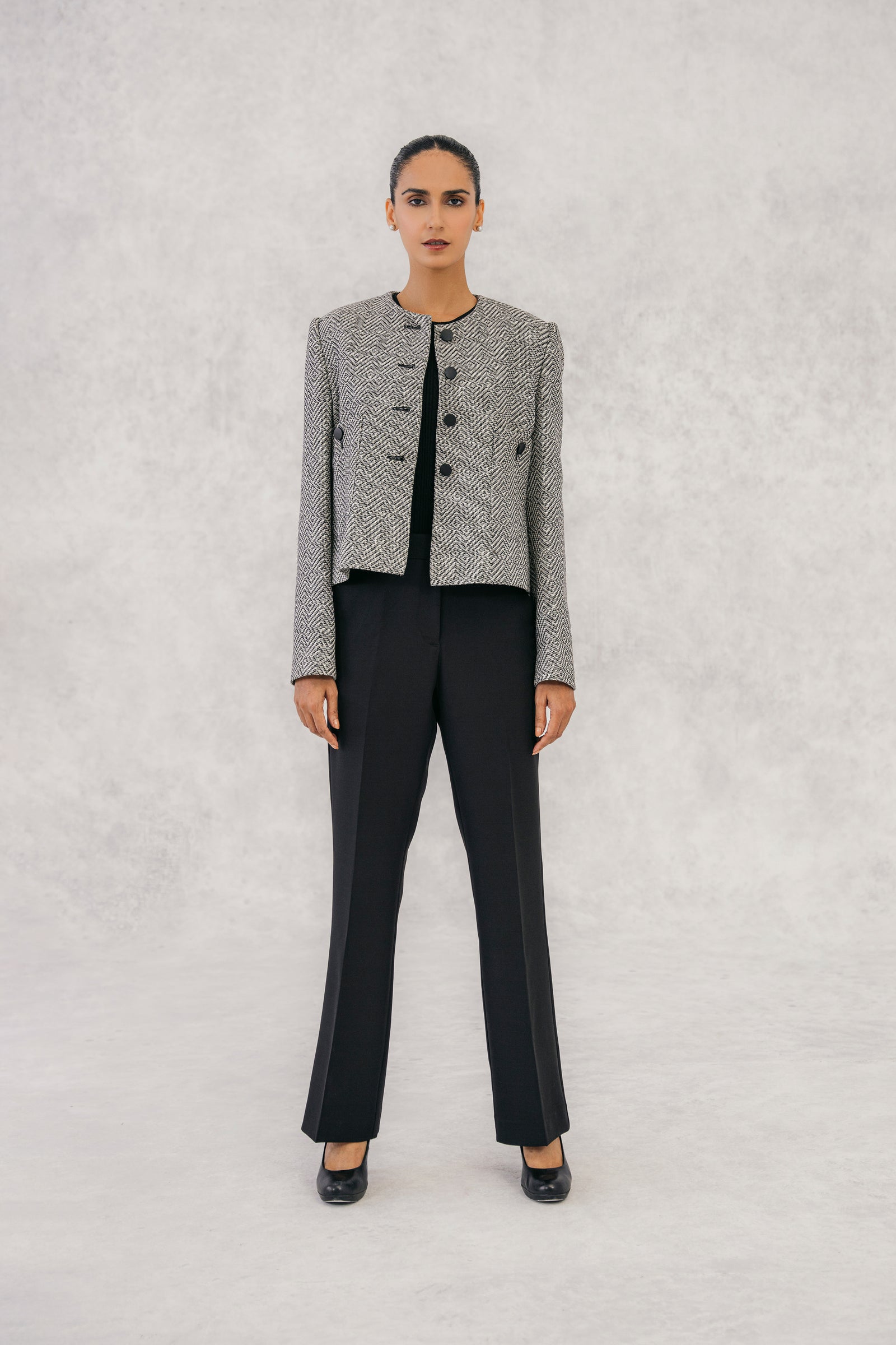 Round Neck Textured Cropped Jacket