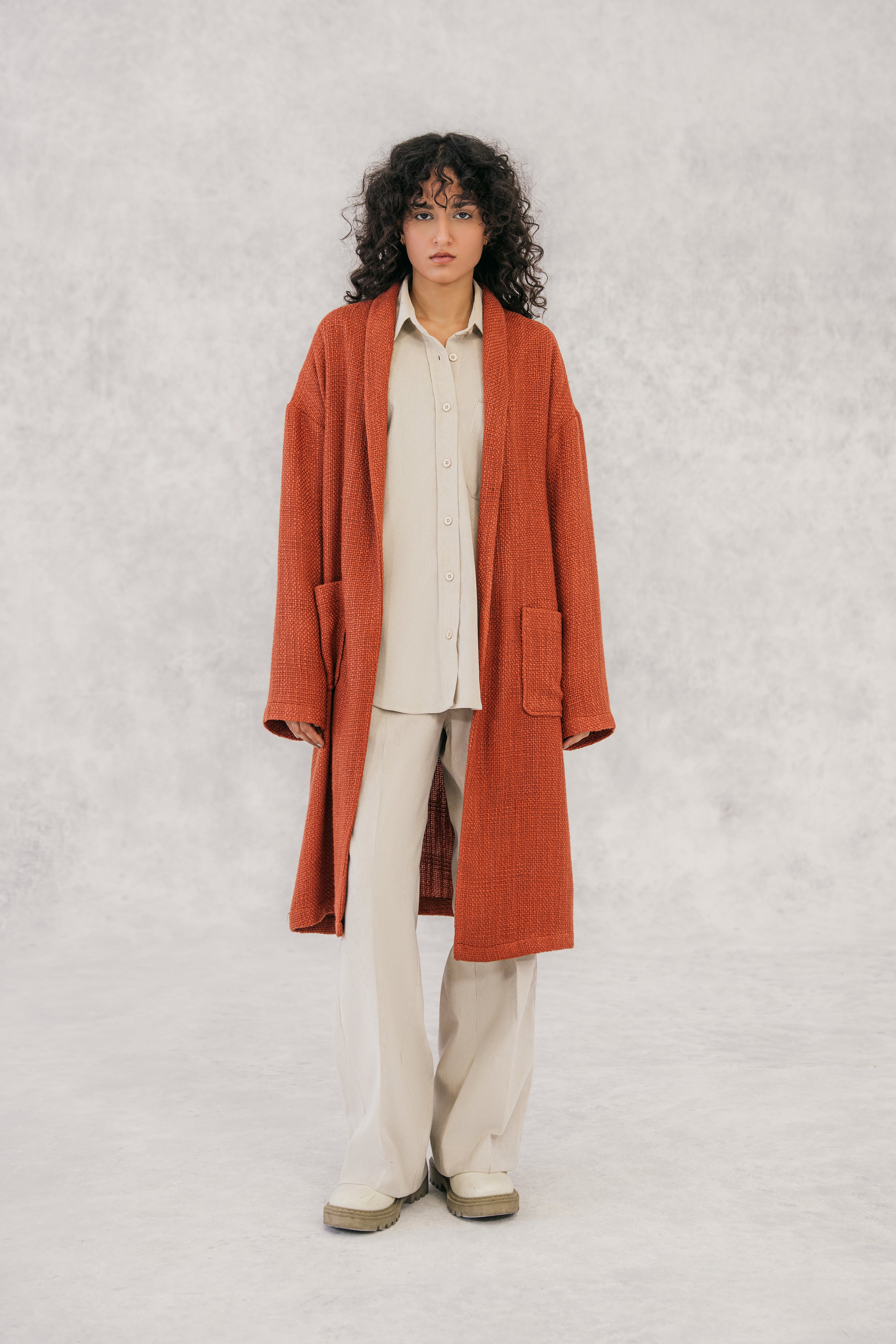 Rust Textured Wool Blended Cardigan