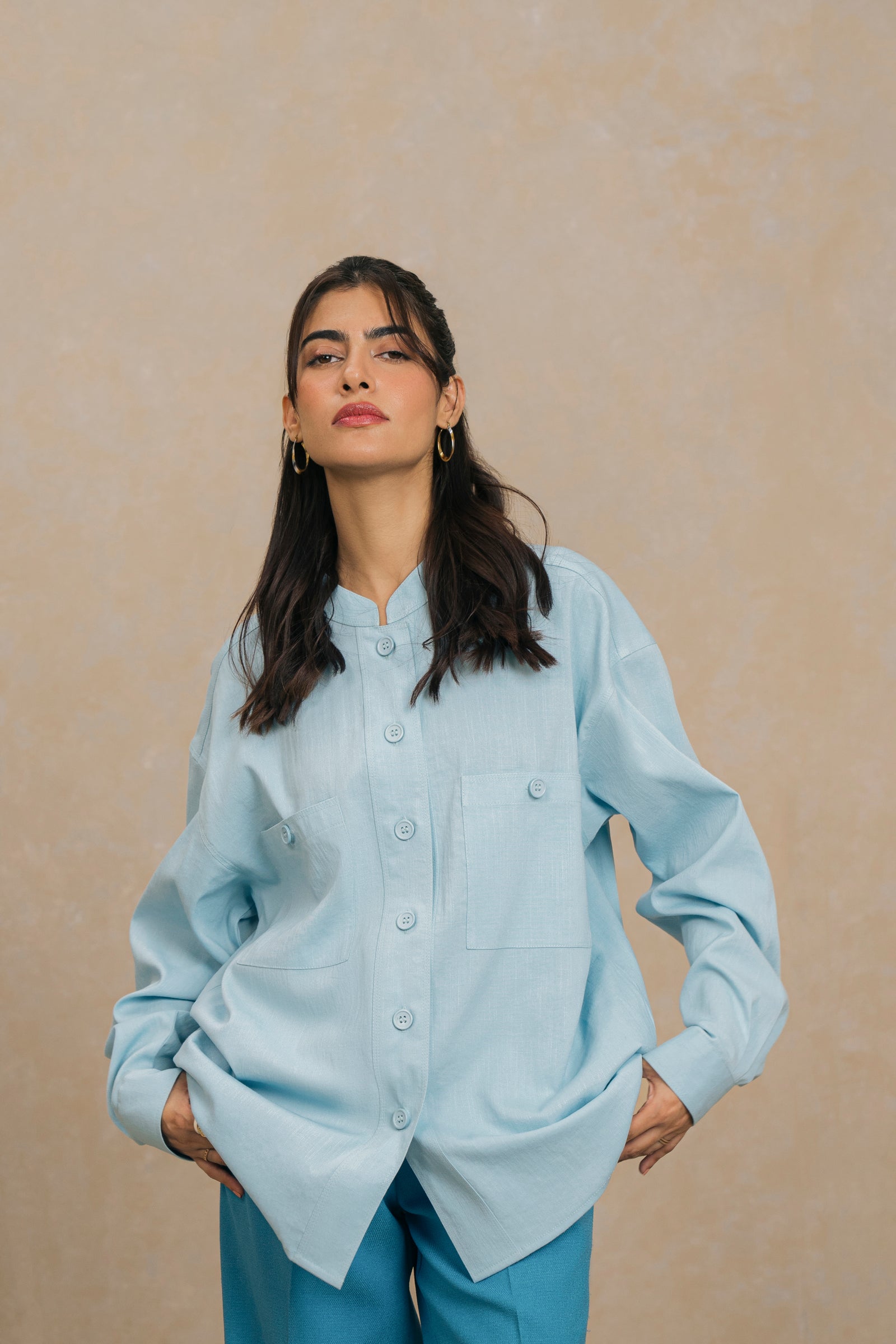 Blue Mandarin Collar Shirt