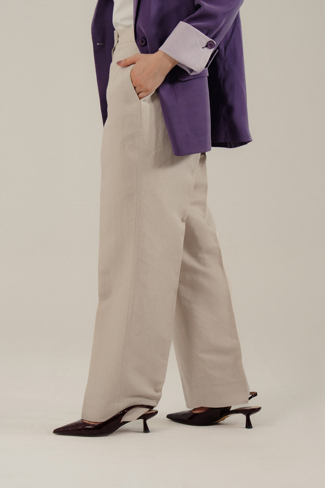 Beige Linen Straight Fit Trouser