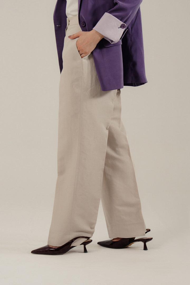 Beige Linen Straight Fit Trouser