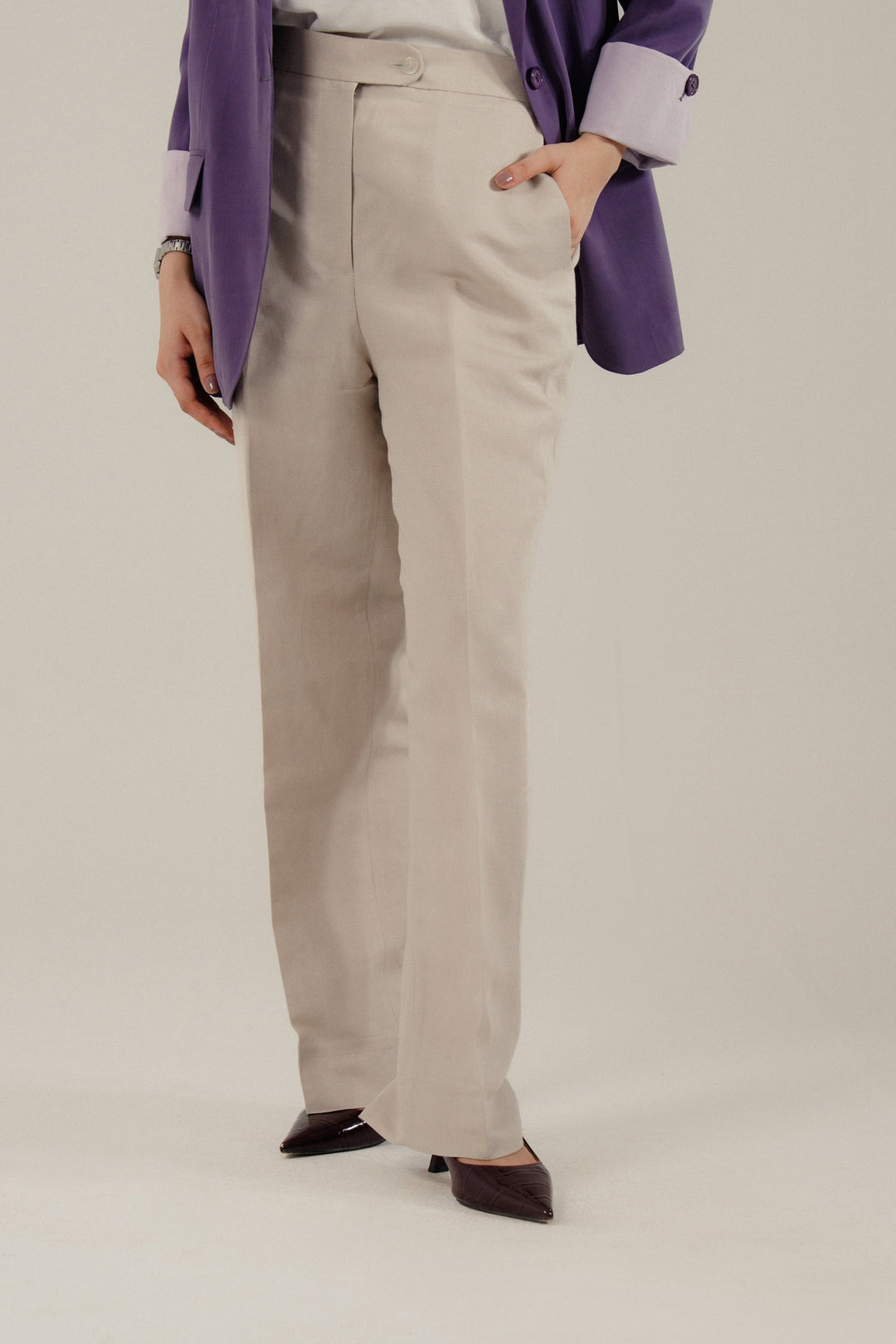 Beige Linen Straight Fit Trouser