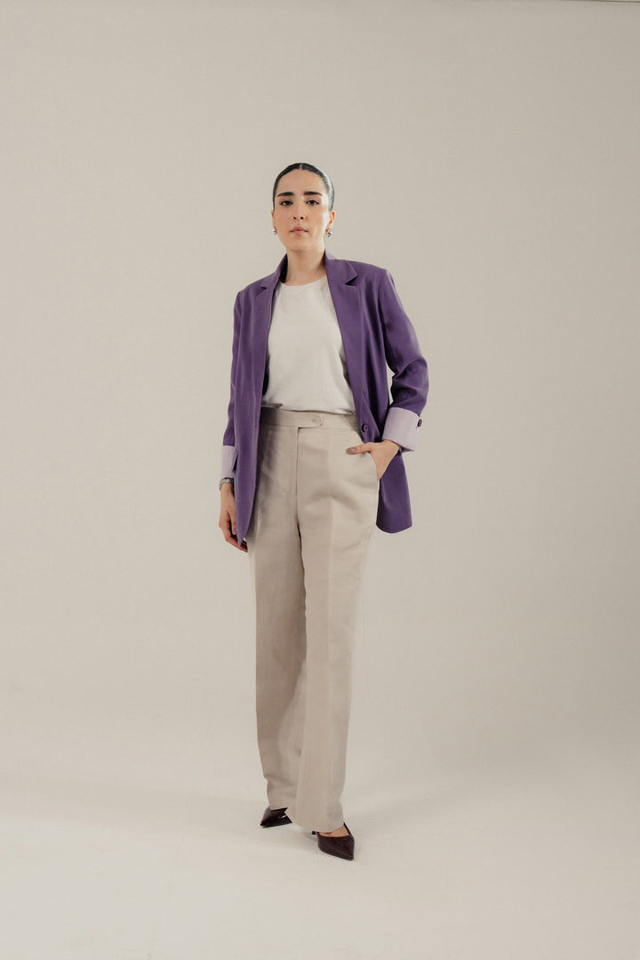 Beige Linen Straight Fit Trouser