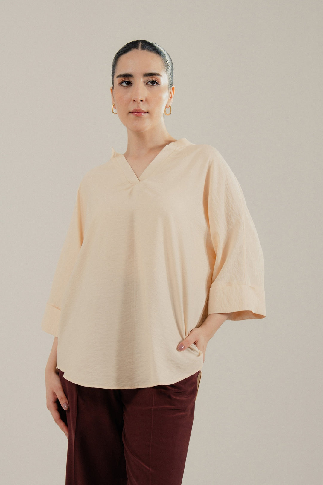Beige V Neck Silk Shirt