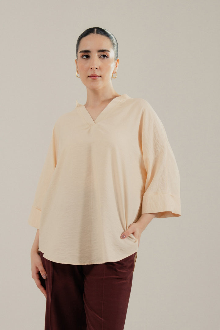 Beige V Neck Silk Shirt
