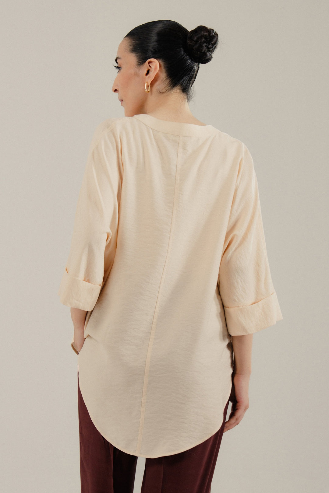Beige V Neck Silk Shirt