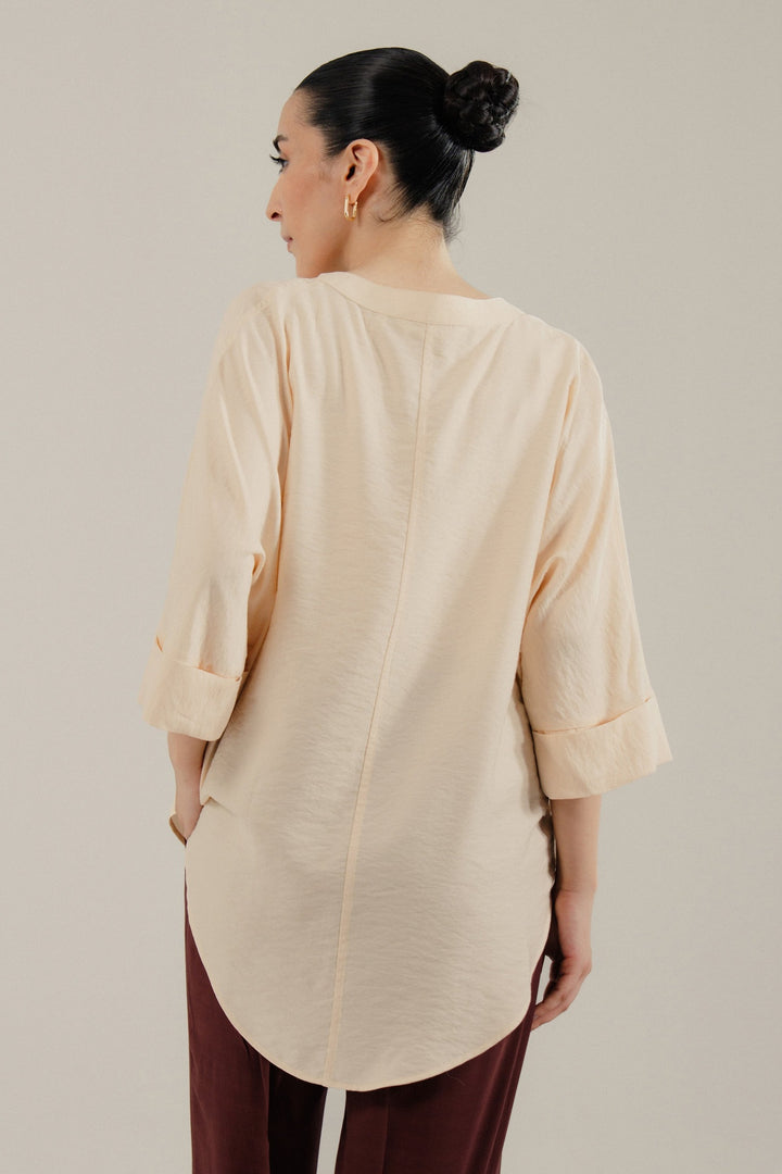 Beige V Neck Silk Shirt