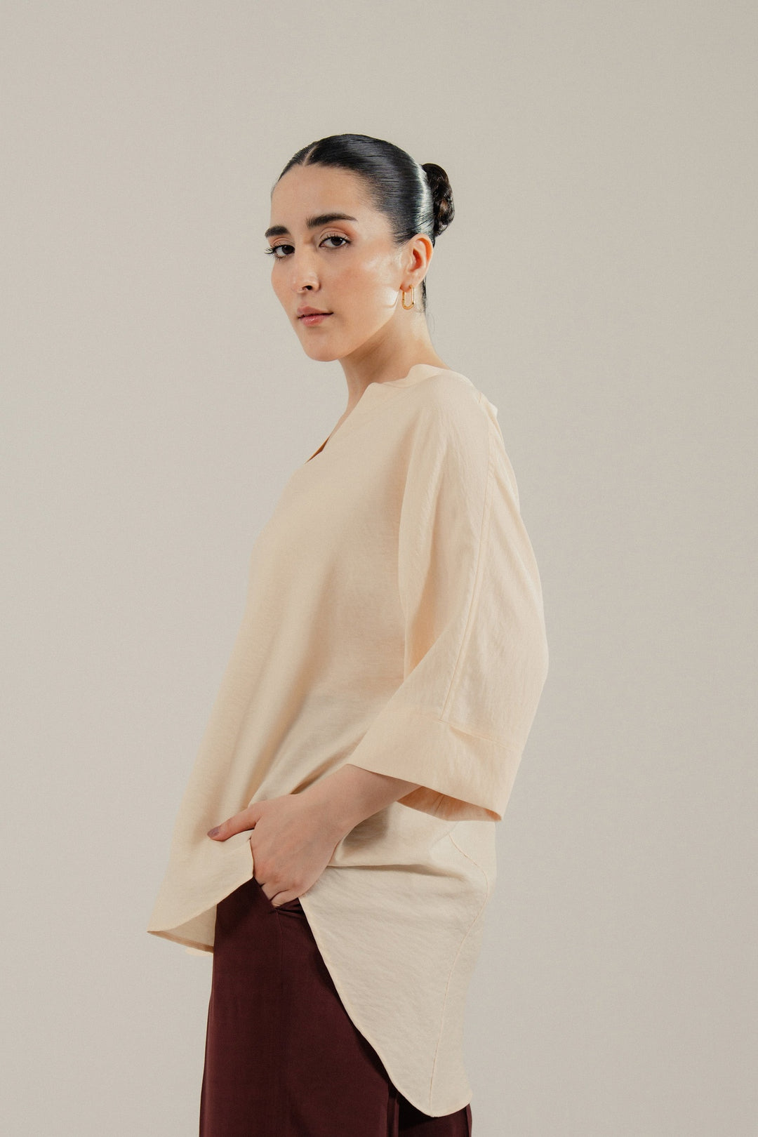 Beige V Neck Silk Shirt