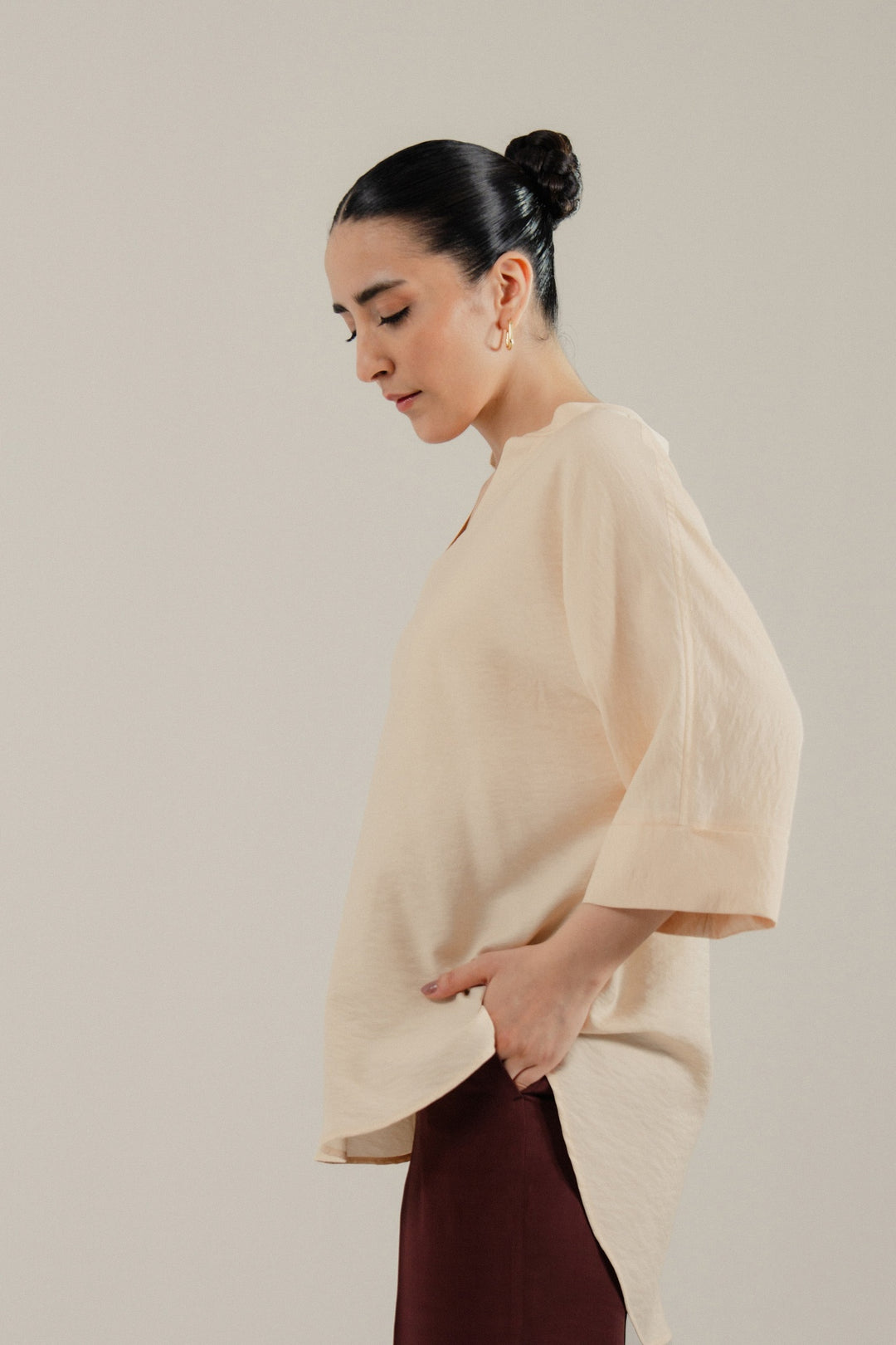 Beige V Neck Silk Shirt