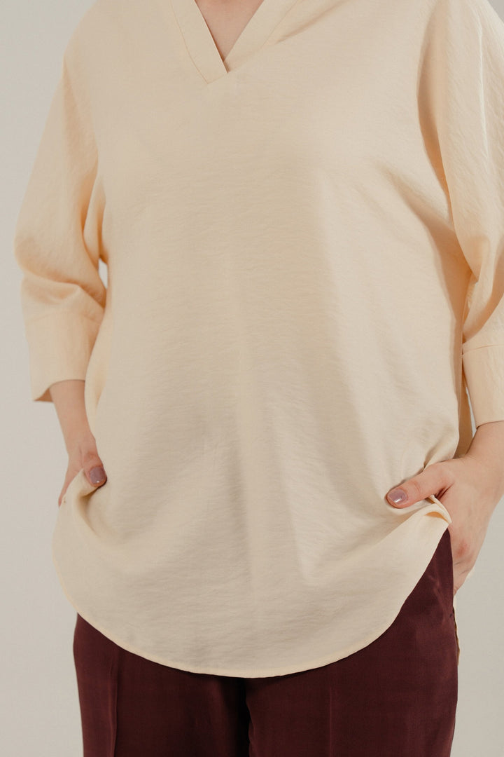 Beige V Neck Silk Shirt