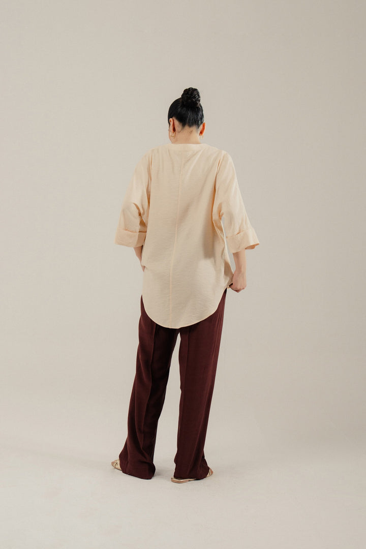 Beige V Neck Silk Shirt