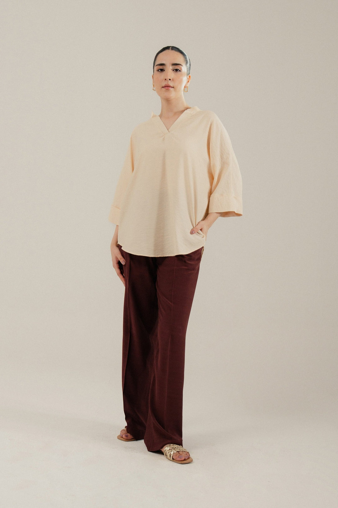 Beige V Neck Silk Shirt