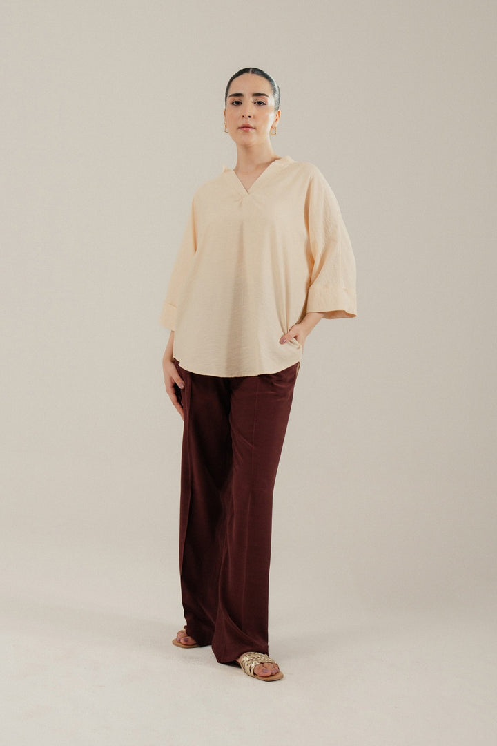 Beige V Neck Silk Shirt