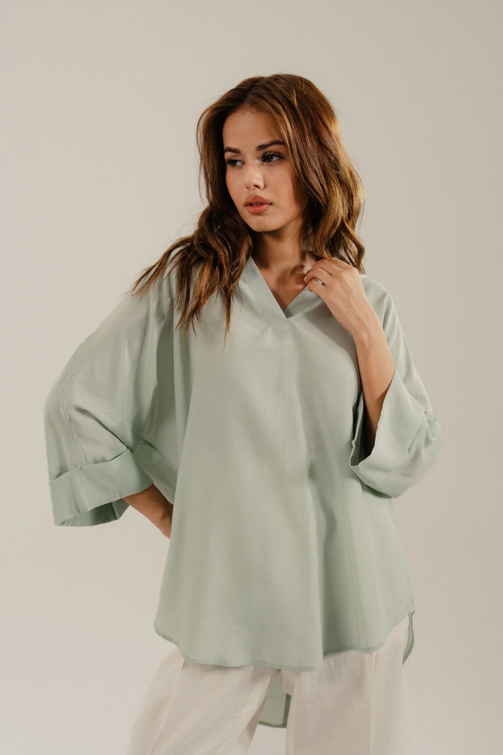 Mint V Neck Silk Shirt