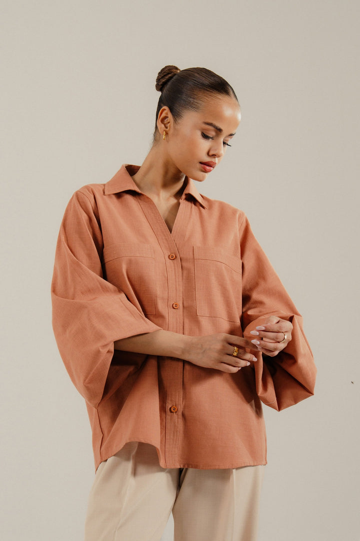 Rust Linen Shirt With Balloon Sleeves