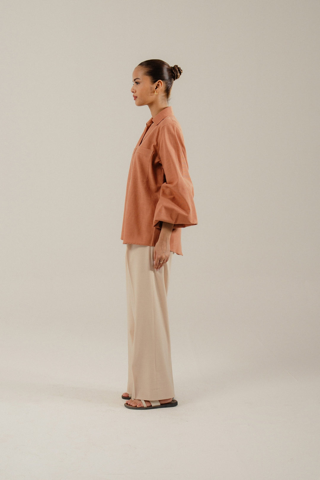 Rust Linen Shirt With Balloon Sleeves