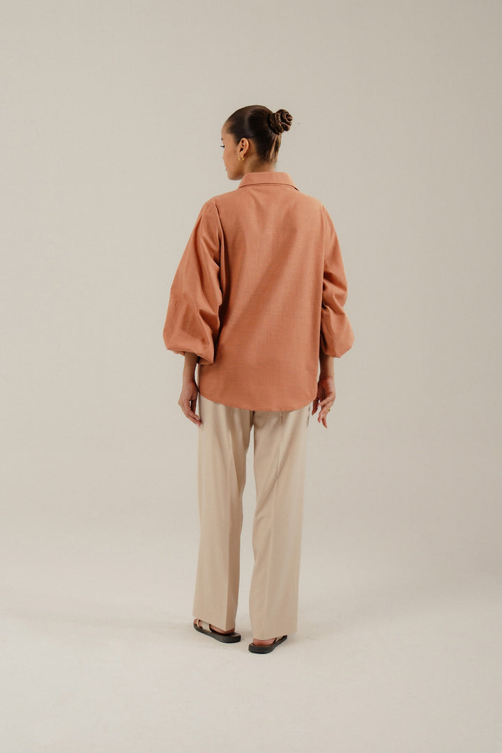 Rust Linen Shirt With Balloon Sleeves