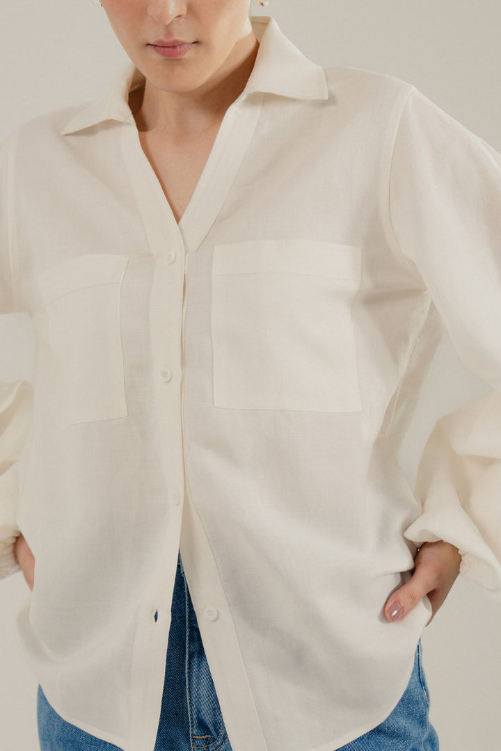 White Linen Shirt With Balloon Sleeves