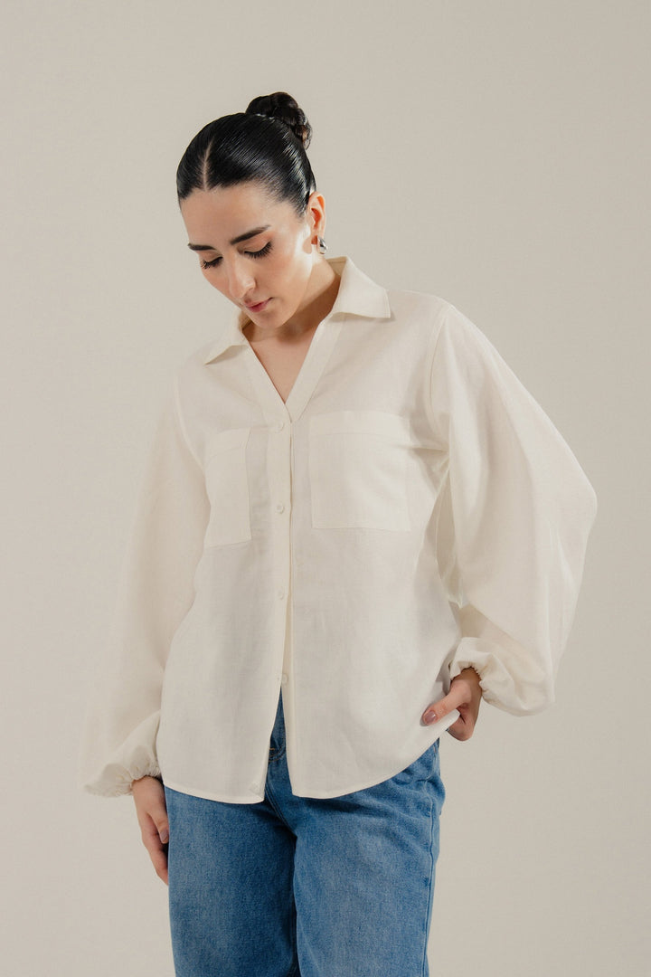 White Linen Shirt With Balloon Sleeves