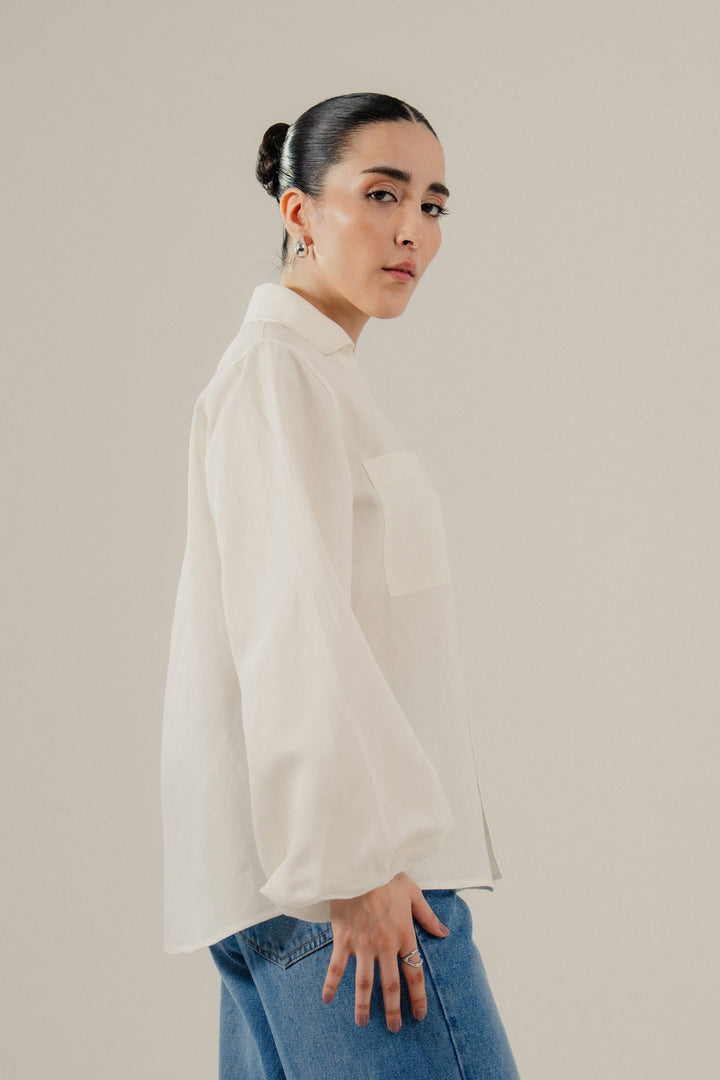 White Linen Shirt With Balloon Sleeves