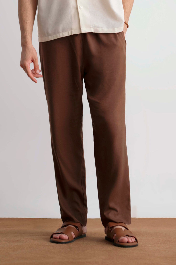 Brown Straight Fit Linen Trouser