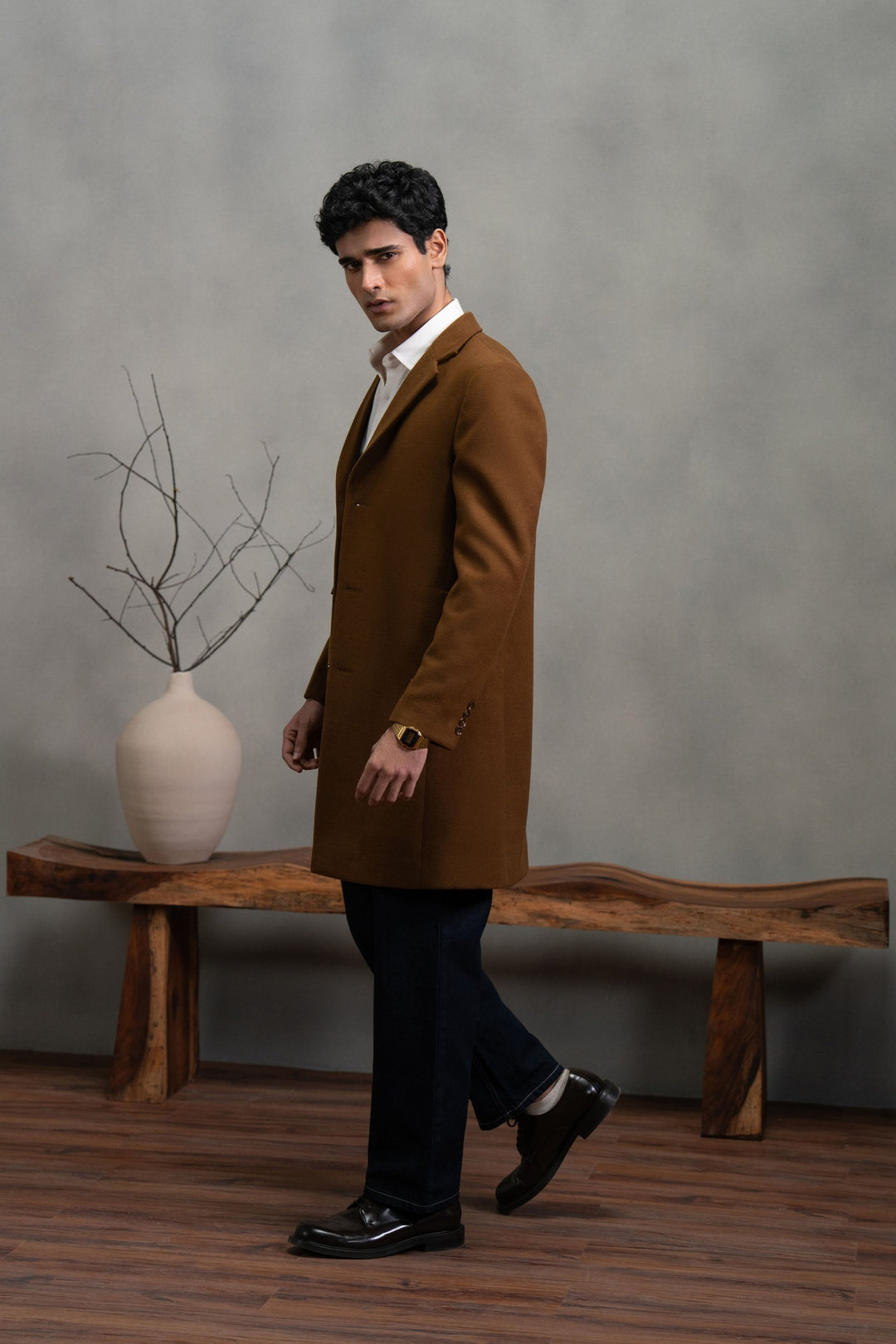 Brown Single Breasted Long Coat