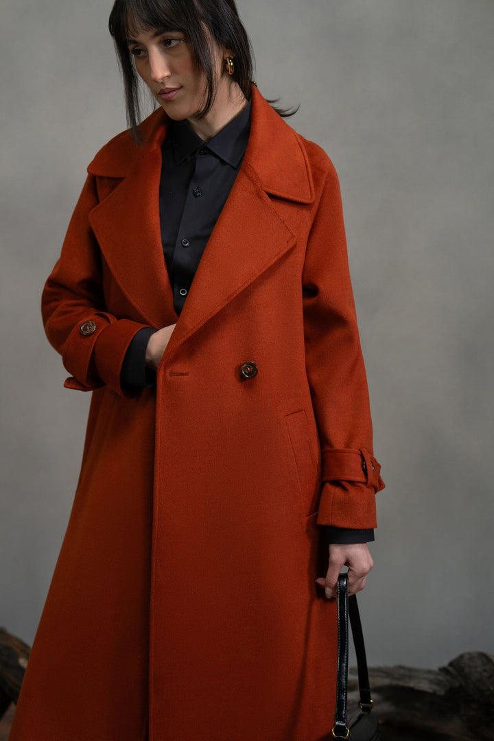 Rust Wool Double Breasted Long Coat