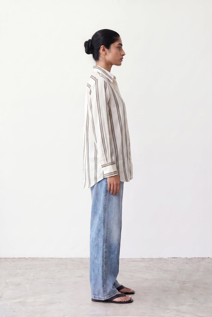 Beige Multi Striped Silk Shirt