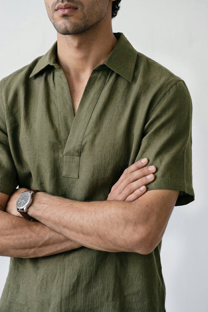 Olive Linen Polo Shirt