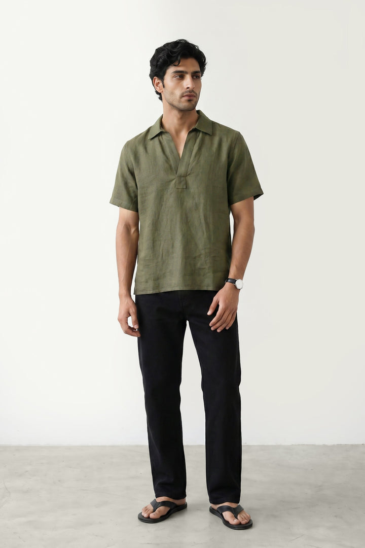 Olive Linen Polo Shirt