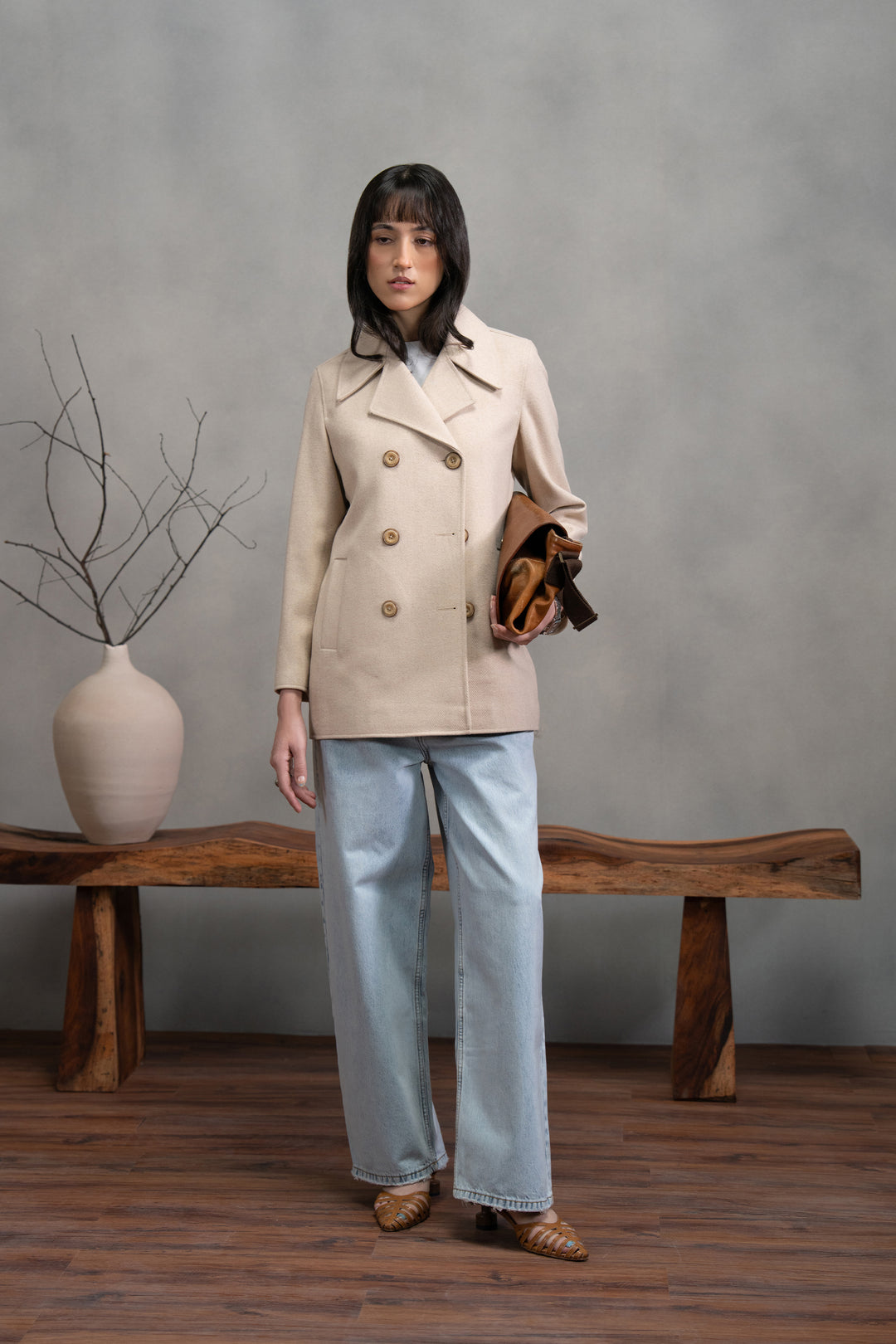 Off White Wool Double Breasted Coat