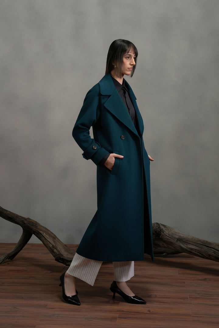 Teal Wool Double Breasted Long Coat