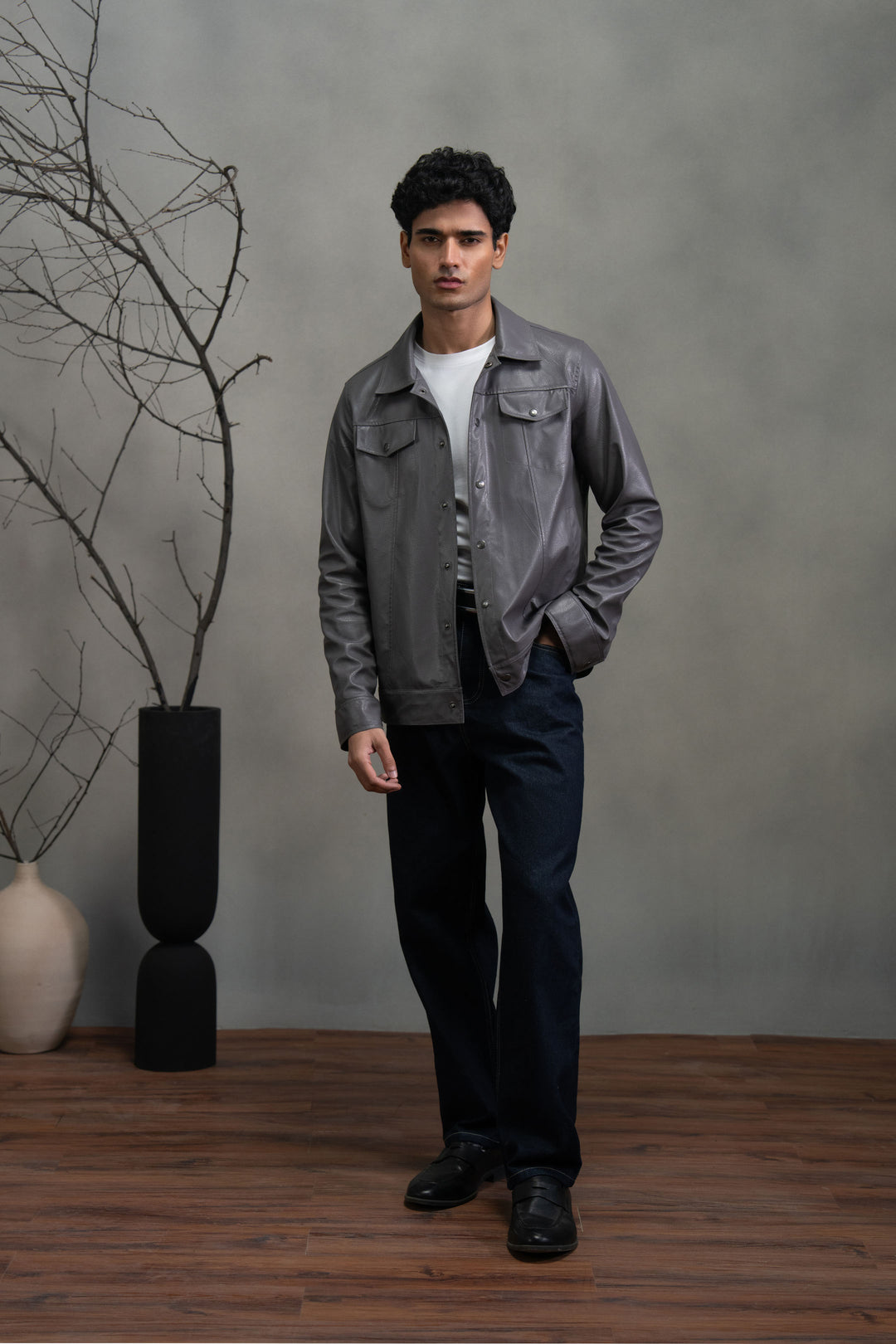 Grey Leather Effect Trucker Jacket