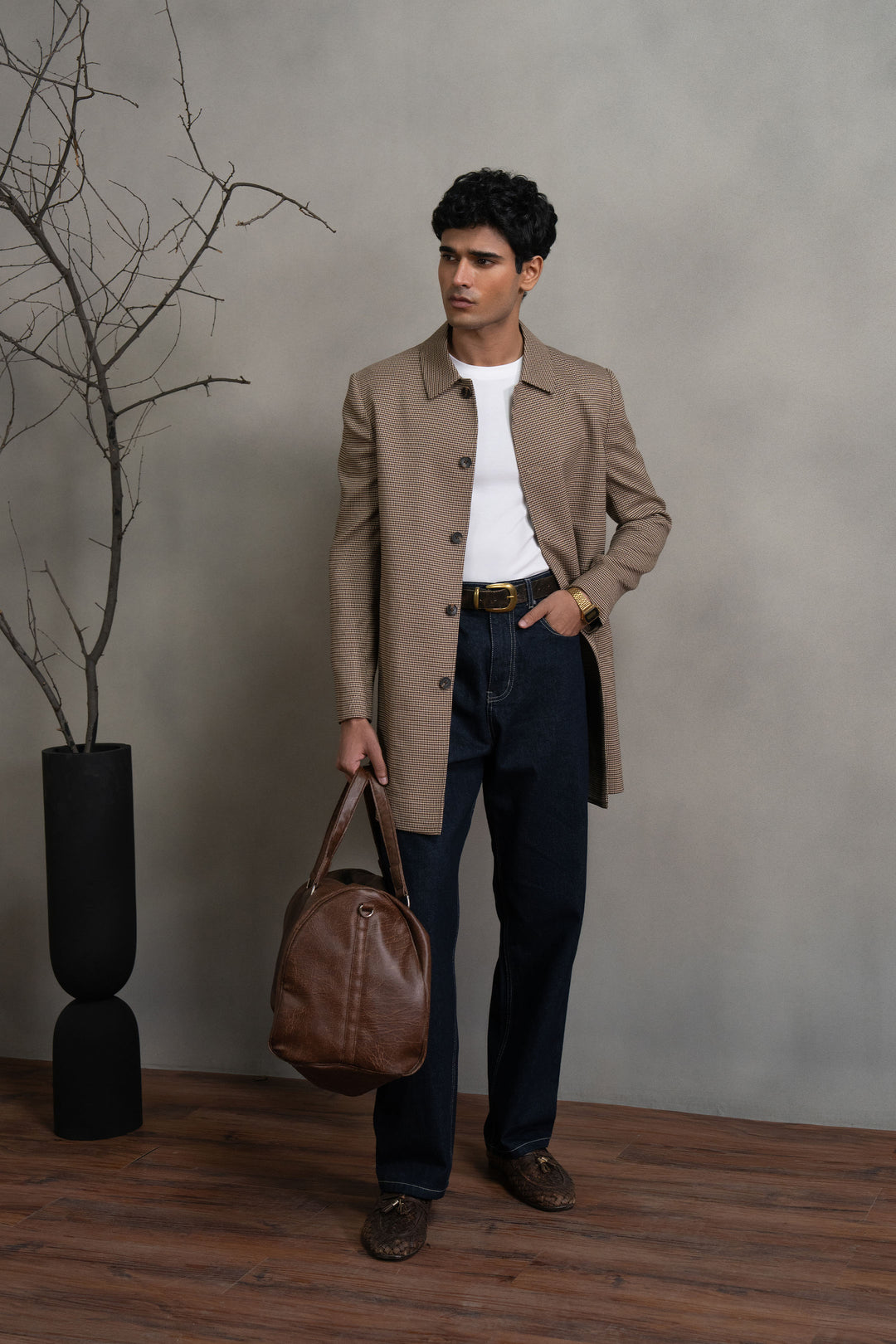 Brown Houndstooth Long Coat