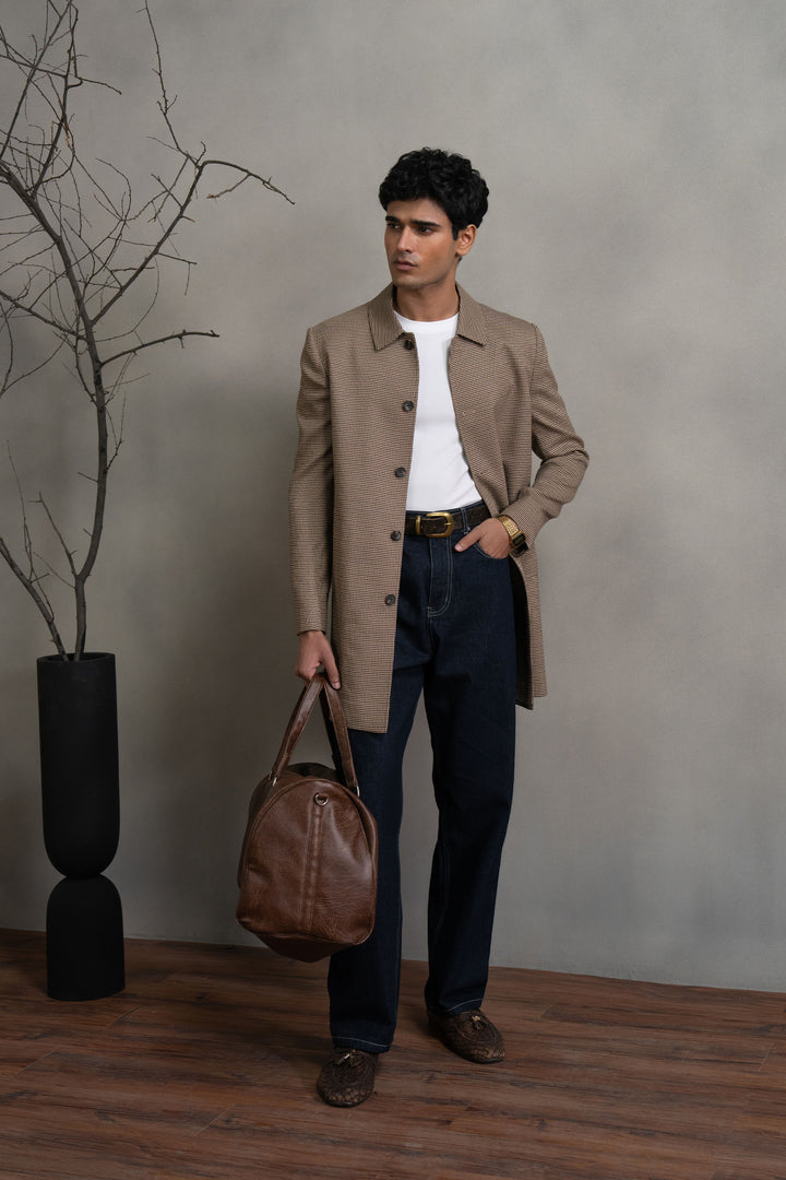 Brown Houndstooth Long Coat