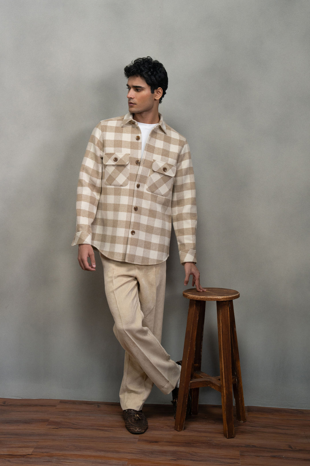 Beige Check Wool Shirt