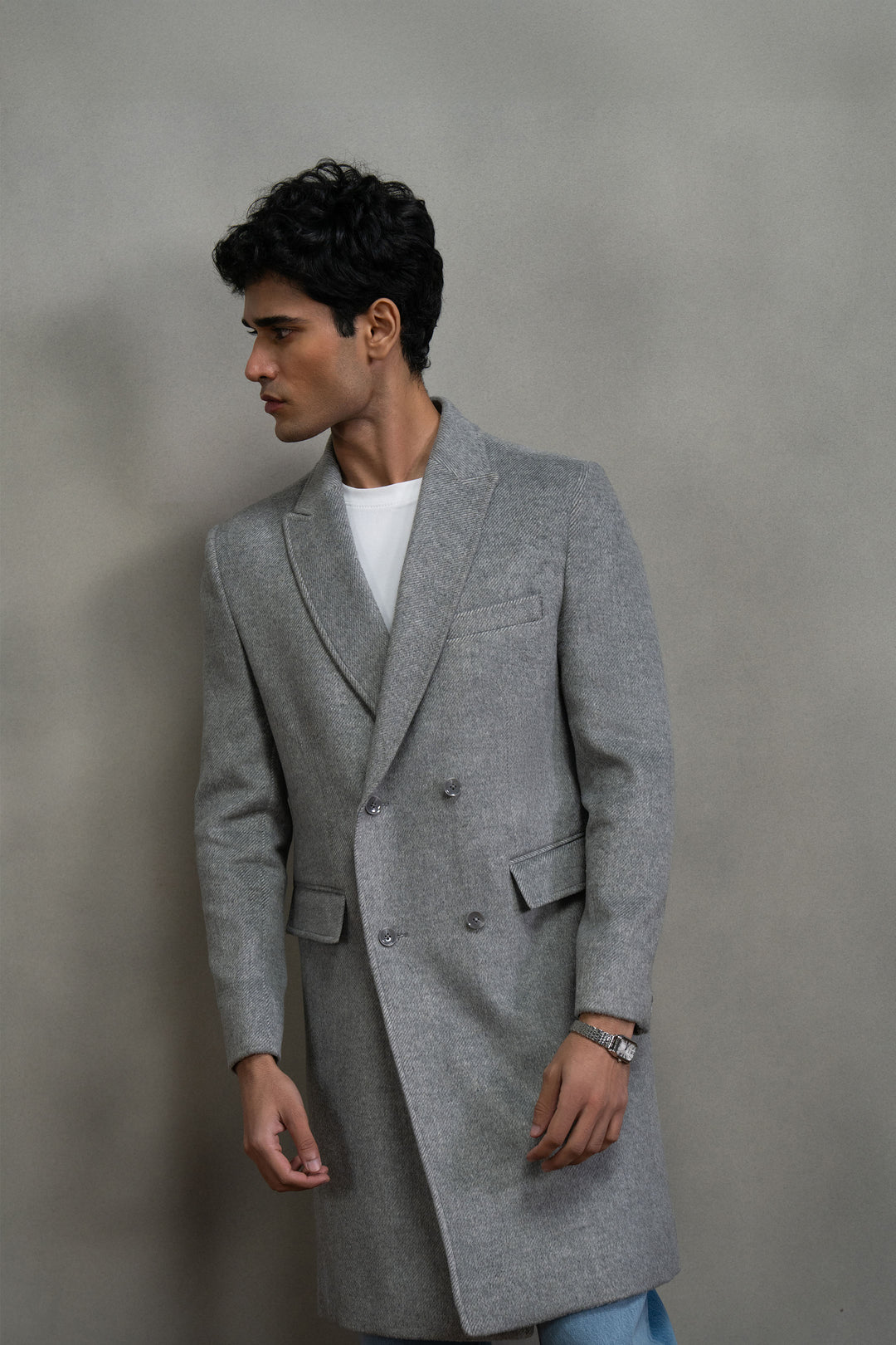 Grey Double Breasted Long Coat
