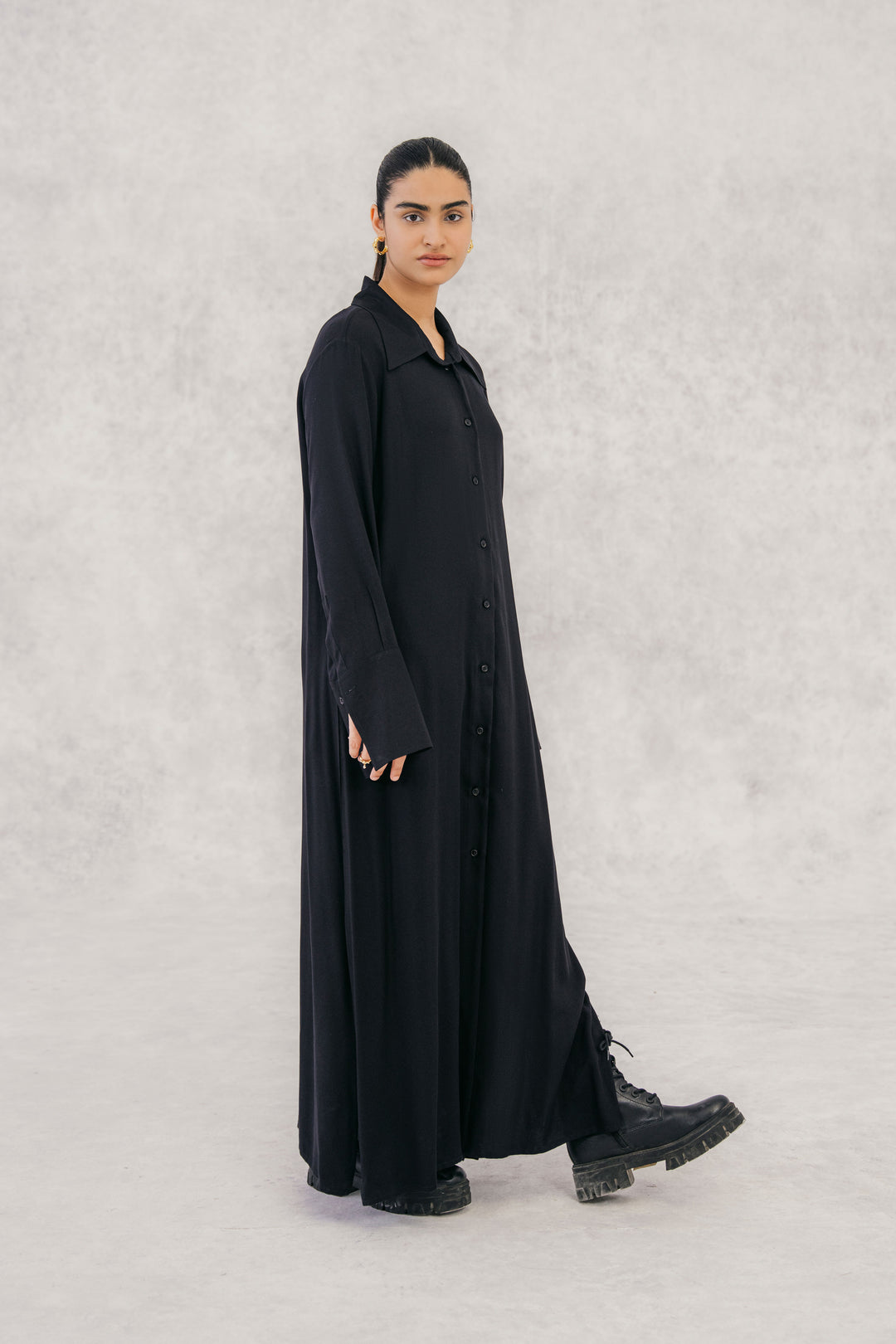 Black Twill Textured Long Shirt Dress